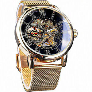 Men Golden Black Minimalist Retro Design Mechanical Skeleton Wrist Watch‎
